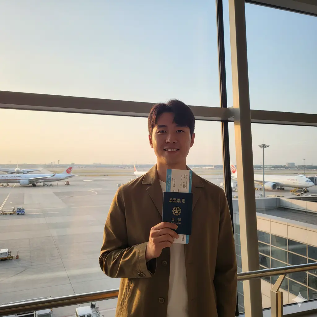 一名年轻的韩国男性或女性旅客,站在现代化的北京或上海浦东机场落地窗前,手中拿着韩国护照和前往日本的机票。阳光洒在身上,背景是停机坪上的大飞机。画面传达出从中国出发前往日本的从容与便捷,构图开阔,光影温暖,强调跨国出行的优势和无忧体验。