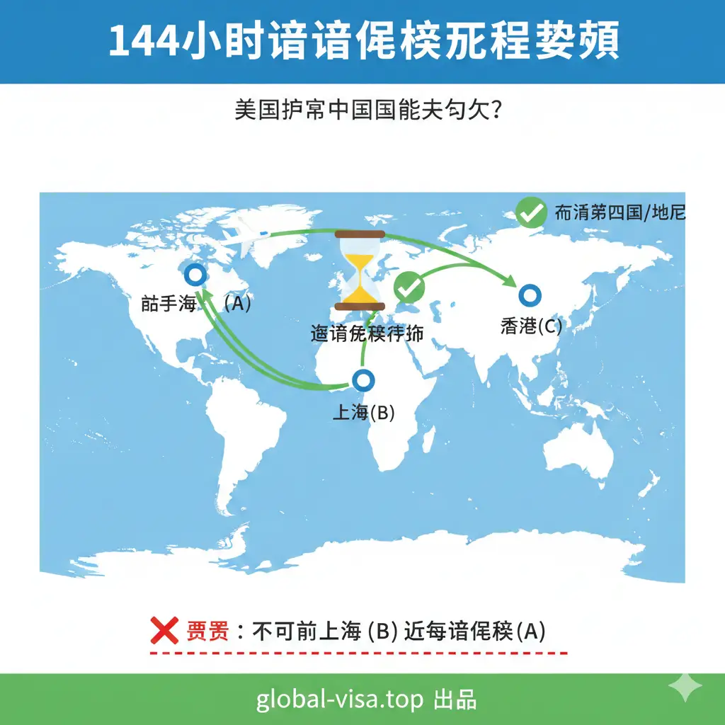 一张流程指导类的插画风格图片。生动展示了‘144小时过境免签’的A-B-C航线教程。画面显示一架飞机从旧金山（A）飞往上海（B），再飞往香港（C）的弧线轨迹。地图背景简化处理，重点突出144小时的倒计时沙漏。色彩活泼，引导感强，用绿色勾选标记正确的过境逻辑，帮助用户直观理解免签规则。