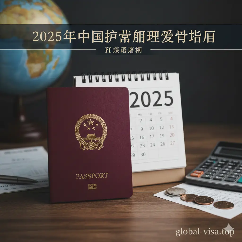 一张极具质感的商务风格摄影图，画面中心是一本标准的中国电子普通护照，端放在一张富有纹理的木质桌面上。护照旁放置着一本翻开的日历，醒目地显示着'2025'年份，旁边还有少许硬币和一个精致的计算器，寓意费用规划。光线柔和温暖，重点照亮护照封面上的金色国徽，背景虚化处理，营造出权威、专业且充满出行期待的氛围。