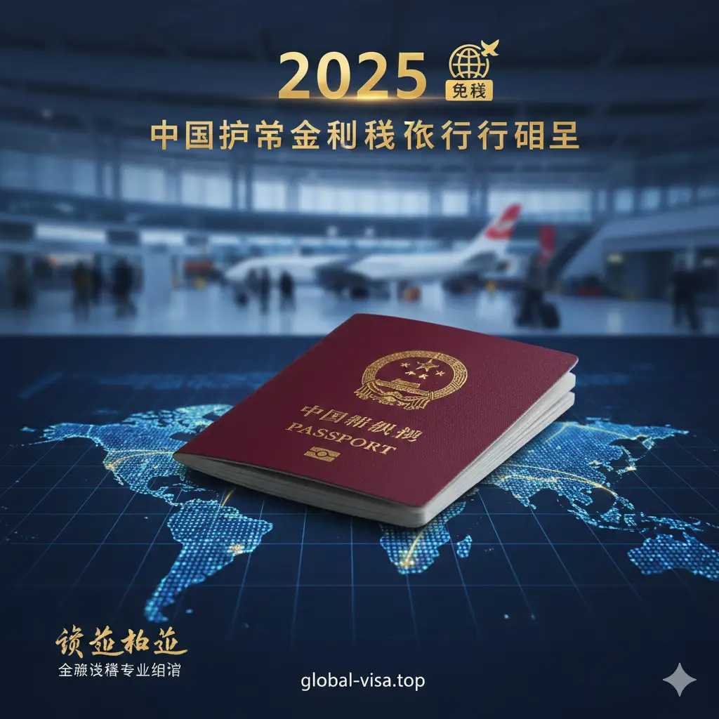 一张极具现代感和权威性的封面图片，画面中心是一本高清晰度的中国普通护照（深红色封面，金色的国徽清晰可见），放置在一张发光的数字化世界地图之上。背景融合了繁忙的国际机场航站楼虚化景象，寓意全球出行。画面上方悬浮着金色的立体文字 '2025' 和 'Visa Free' 图标，象征着新一年中国护照含金量的提升。整体色调为深蓝与酒红搭配，光线柔和高级，营造出'说走就走'的自由感与 global-visa.top 的专业信赖感。