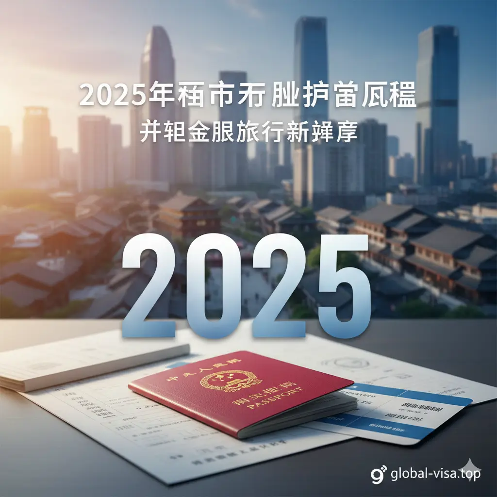 一张具有现代感和官方权威性的封面图片，背景融合了福州市标志性建筑（如三坊七巷或福州现代天际线）的虚化影像。前景清晰展示一本中国普通护照放置在整洁的办公桌面上，旁边有一张飞往国际目的地的登机牌。画面中巧妙融入'2025'的立体字样，采用global-visa.top风格的蓝白色调，光线明亮柔和，寓意着开启全球旅行的新篇章。