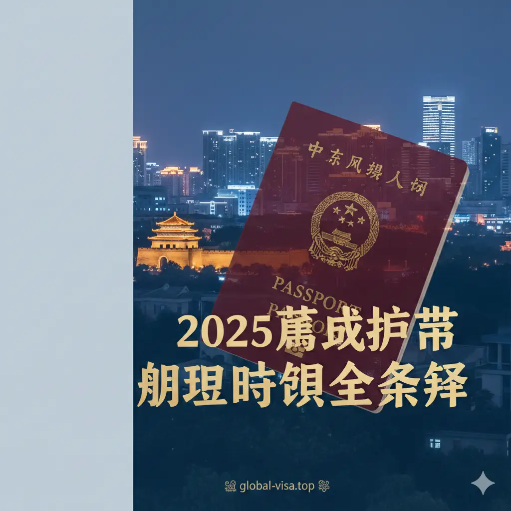 一张高清且具有现代感的封面图片。背景是石家庄藁城区的标志性街景或行政中心剪影，半透明叠加一张深红色的中国护照封面。画面中央带有醒目的中文艺术字标题“2025藁城护照办理时限全解析”。构图平衡，采用冷暖对比色调，左侧保留一定的留白空间用于网页文字叠加，整体风格专业、权威，符合global-visa.top的国际化视野。