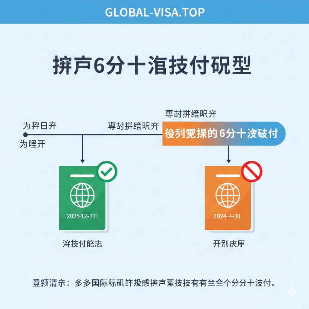 一张清晰的信息图表风格插图，深度解析“6个月规则”。画面中央是一条时间轴，标记着“出发日期”和“预计离境日期”。在离境日期之后，延伸出一段显眼的彩色区间，标注为“必须预留的6个月有效期”。画面对比展示了两本护照：一本显示有效期充足（绿色勾选），另一本显示即将过期（红色禁止符号）。设计风格扁平化、现代，使用商务蓝和警示橙配色，适合作为核心知识点的解释配图。