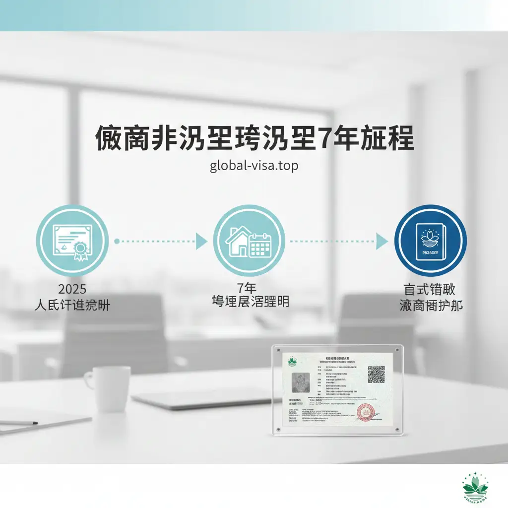 关于如何从非永居转为永久居民的7年流程教程图。画面采用清晰的时间轴线设计，起点是‘2025人才引进获批’，中点是‘7年通常居住证明’，终点是‘正式领取澳门护照’。背景是简约的办公室环境，辅以真实的澳门居民身份证样张图示。色调清新雅致，使用白、浅蓝、浅灰作为主色，文字排版清晰易懂，利用图标化设计让繁琐的法律流程一目了然。