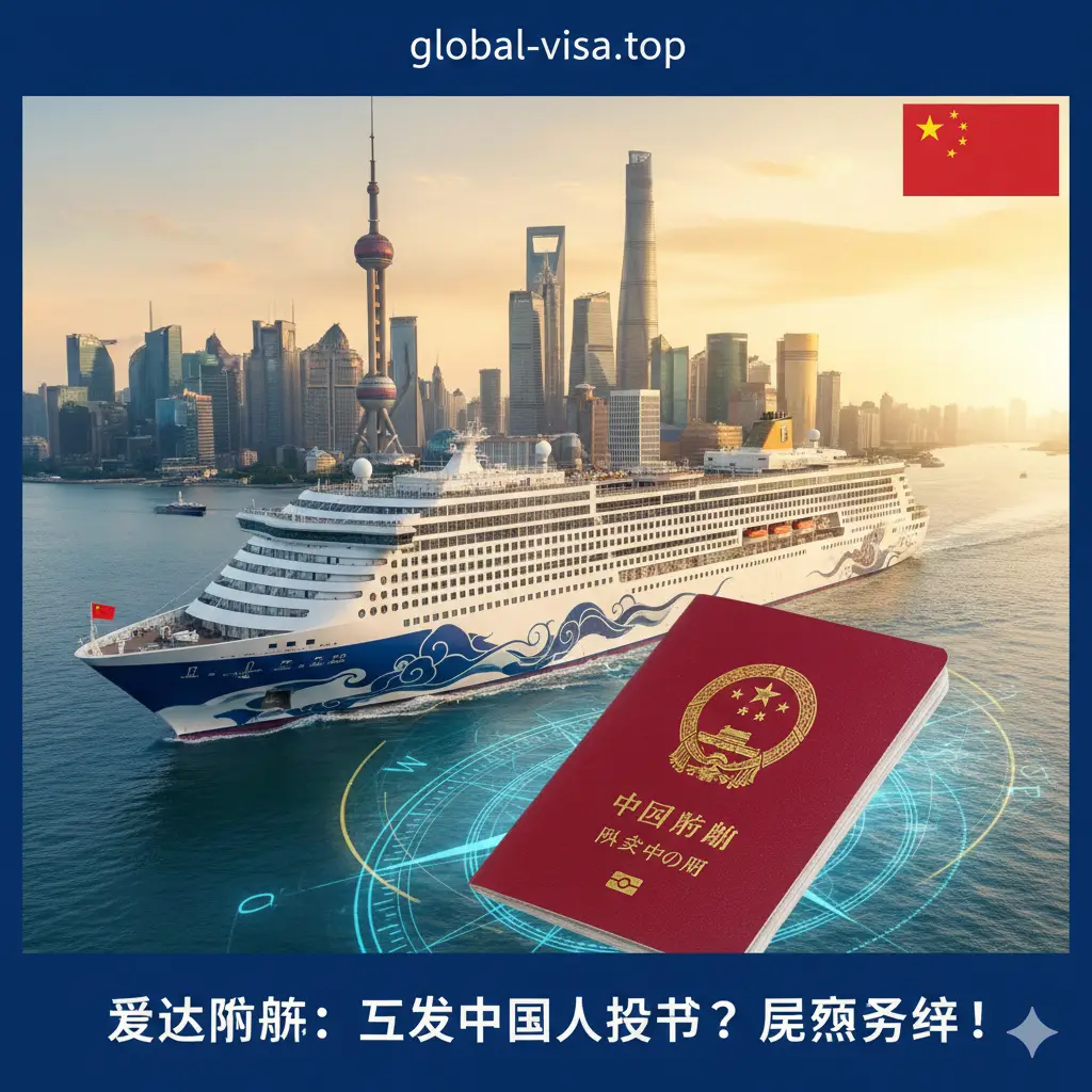 一艘宏伟的国产大型邮轮‘爱达·魔都号’行驶在蔚蓝的海面上,背景是上海陆家嘴的现代城市天际线。画面前景特写一本醒目的中国护照,周围环绕着象征国际旅行的罗盘与航线光影。色彩偏向明亮的海洋蓝与夕阳金,构图大气且具有强烈的视觉冲击力,体现‘国家名片’的品牌定位。