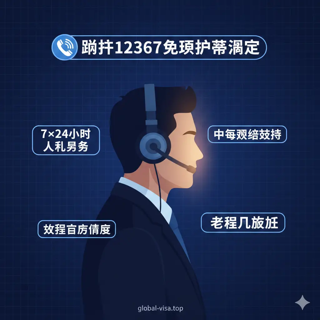 体现12367热线优势的视觉图片。画面中心是一个戴着耳机的客服人员剪影，周围环绕着‘7×24h’、‘中英双语’、‘权威官方’等文字标签。背景是渐变的深蓝色，散布着代表连接的网格线。构图稳重，强调全天候人工服务的温暖感和专业性，特别突出其对老年群体友好的‘拨号查询’优势。