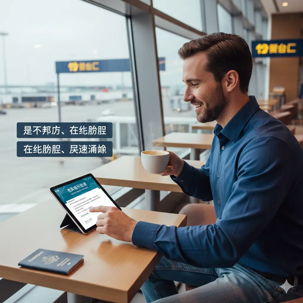 一张展现便捷性的生活化照片。一名美国男士游客在现代化的机场咖啡厅里，一边喝咖啡一边轻松地在平板电脑上查看电子签证。背景是模糊的登机口标识。图片光线柔和自然，色调温暖，重点突出‘足不出户、在线办理、快速通关’的优势，通过舒适的视觉效果吸引用户选择电子签。