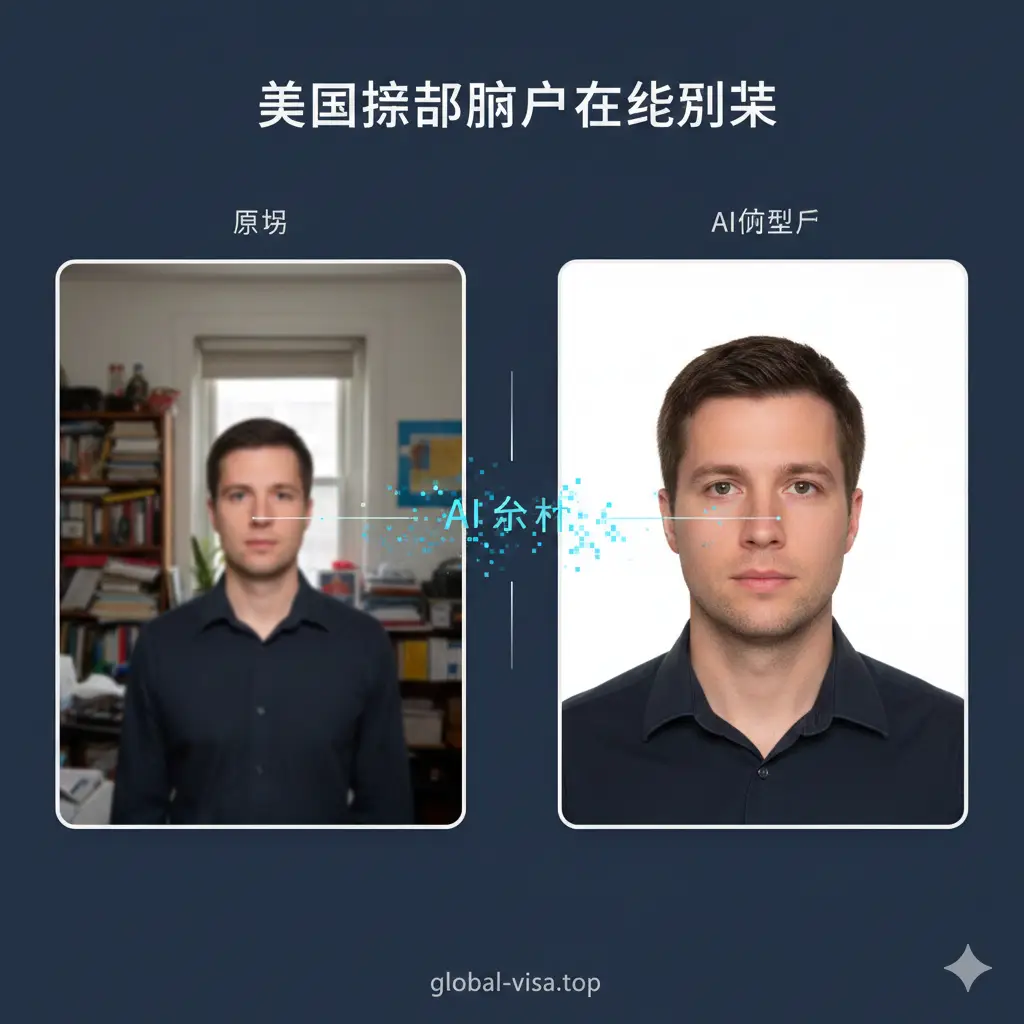 展示‘美国护照照片在线制作’的核心功能。采用对比构图（Before/After），左侧是杂乱的室内背景原图，右侧是AI精准抠图后替换的纯白背景。画面中悬浮着扫描线条和像素点元素，体现AI算法的精密性。色调明亮，强调发丝级边缘处理的细腻感，界面风格简约专业。