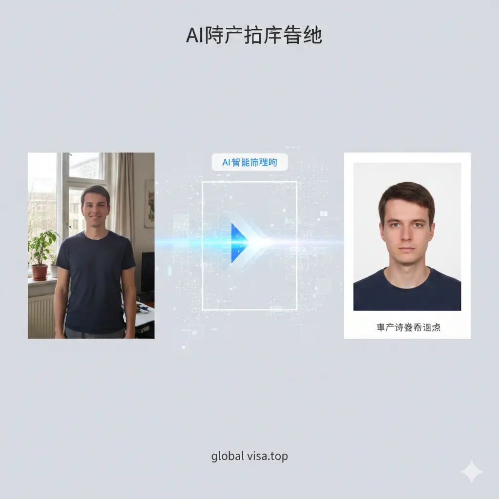 展示AI护照照片生成的智能处理过程。采用对比构图,左侧是用户在自然光下拍摄的原图(背景杂乱),中间是一个带有扫描光束的AI处理框,右侧是处理后生成的标准白底、尺寸精确的申根签证照片。图片中加入虚幻的像素点和数字化网格,强调精准裁剪和自动换底的功能,色调干净专业。