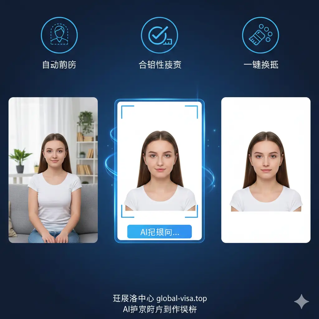 展示AI护照照片制作软件核心功能的合成图。左侧是原始的杂乱背景居家生活照，中间有一个带有发光扫描线效果的AI识别框，右侧是处理后的完美白底证件照。画面上方配有简洁的图标，分别代表‘自动抠图’、‘合规性检测’和‘一键换底’。色彩以科技蓝和纯白为主，构图采用左右对比模式，强调AI技术的精准度和便捷性。