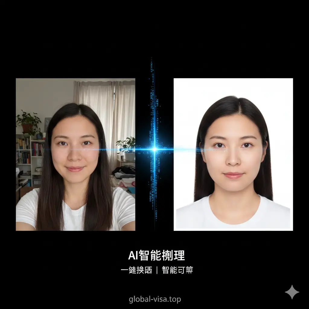 展示AI智能处理功能的对比效果图。左侧是一张背景杂乱、光线不均的生活自拍照，中间通过一道发光的数字扫描线，右侧变成了背景纯白、光线完美、尺寸合规的标准证件照。视觉重点在于突出'一键换底'和'智能裁剪'的技术优势，风格简洁明快。
