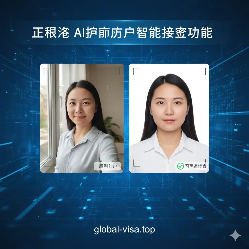 展示AI护照照片制作的功能特性。画面呈现一个分屏对比效果:左侧是用户在自然光下拍摄的原始照片,右侧是经过系统自动处理后的标准白底护照照片,带有绿色的‘已通过检测’标志。背景融入了数字科技元素,如扫描线和人脸识别框。色调简洁,以科技蓝和干净的纯白为主,构图居中,强调AI技术的精准与便捷。