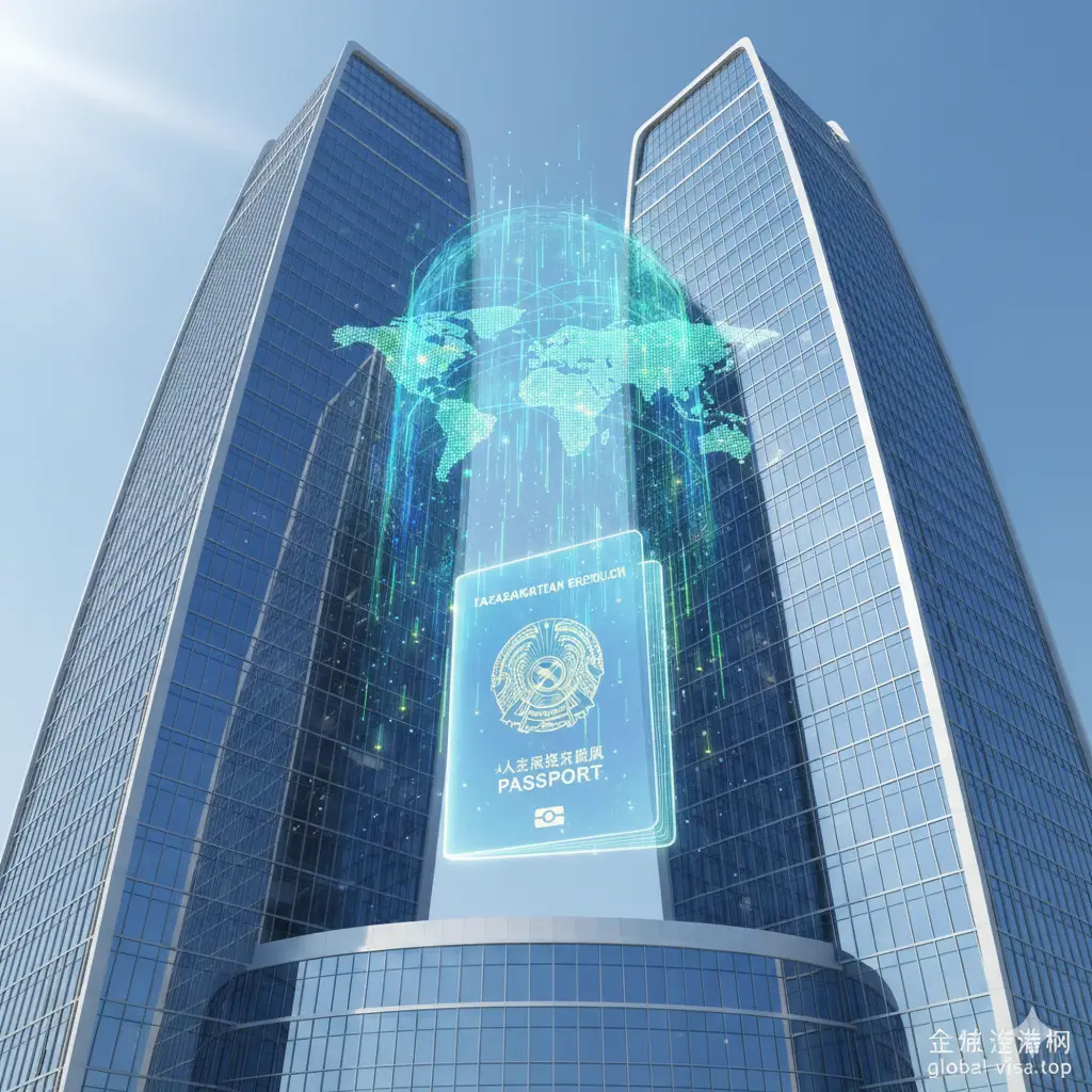 展示哈萨克斯坦阿斯塔纳国际金融中心（AIFC）的现代化办公场景。构图采用低角度仰拍，突出玻璃幕墙建筑的宏伟与科技感。画面中融入抽象的金融数据图表与全球地图连线，象征着投资居留权的便利性与国际金融枢纽地位，色彩清新明亮，传递出高效与创新的功能特质。