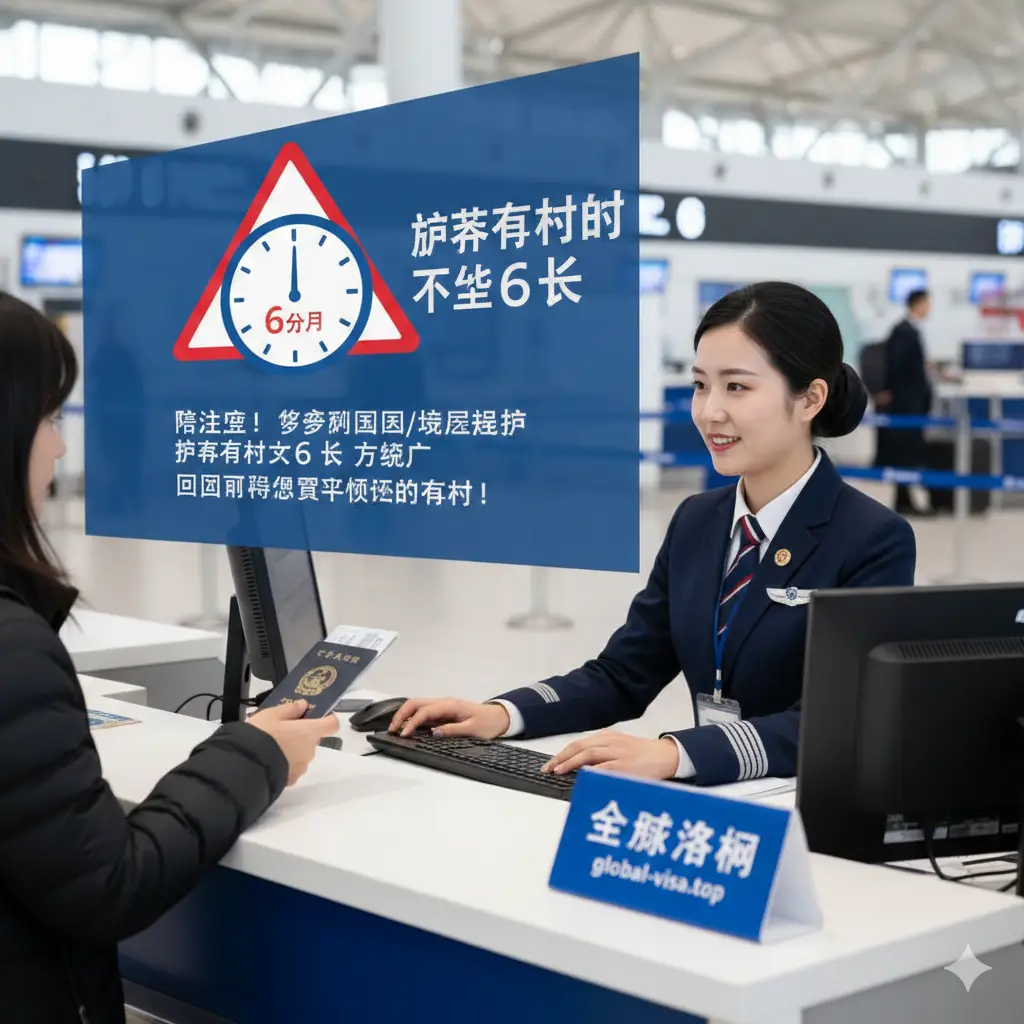 展示航空公司的值机柜台场景。一位专业的航空公司地勤人员正在查看乘客的护照，电脑屏幕上显示着证件检查的示意图。图片重点突出‘6个月规则’的视觉化符号，如一个带有警告标志的日历或时钟，指针指向6个月。色彩以干净的航空蓝和白色为主，风格简洁现代，强调航空公司在护照有效期审核中的决定性作用。