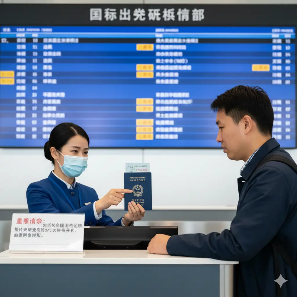 功能性场景描述。画面展示一个现代化的机场值机柜台（Check-in Counter），一名地勤人员正无奈地向一名旅客展示护照上的日期并摇头拒绝。背景的航班信息大屏幕显示着多个国际目的地。图片采用写实风格，光线明亮，旨在表现‘能买票但飞不了’的逻辑冲突，画面色彩以机场的蓝白灰为主，点缀警示性的暖黄色。