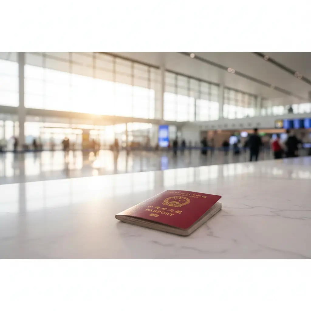 展示航空公司值机柜台的场景。一位旅客正在与穿着制服的地勤人员交流。地勤人员面前的电脑屏幕上显示着复杂的航班数据和IATA TIMATIC界面。背景带有航站楼的指示牌。色调偏向科技蓝与中性灰,强调专业感。图片应侧重表现‘航司地勤’这一核心风险点,视觉焦点在于护照和登机牌的交互。