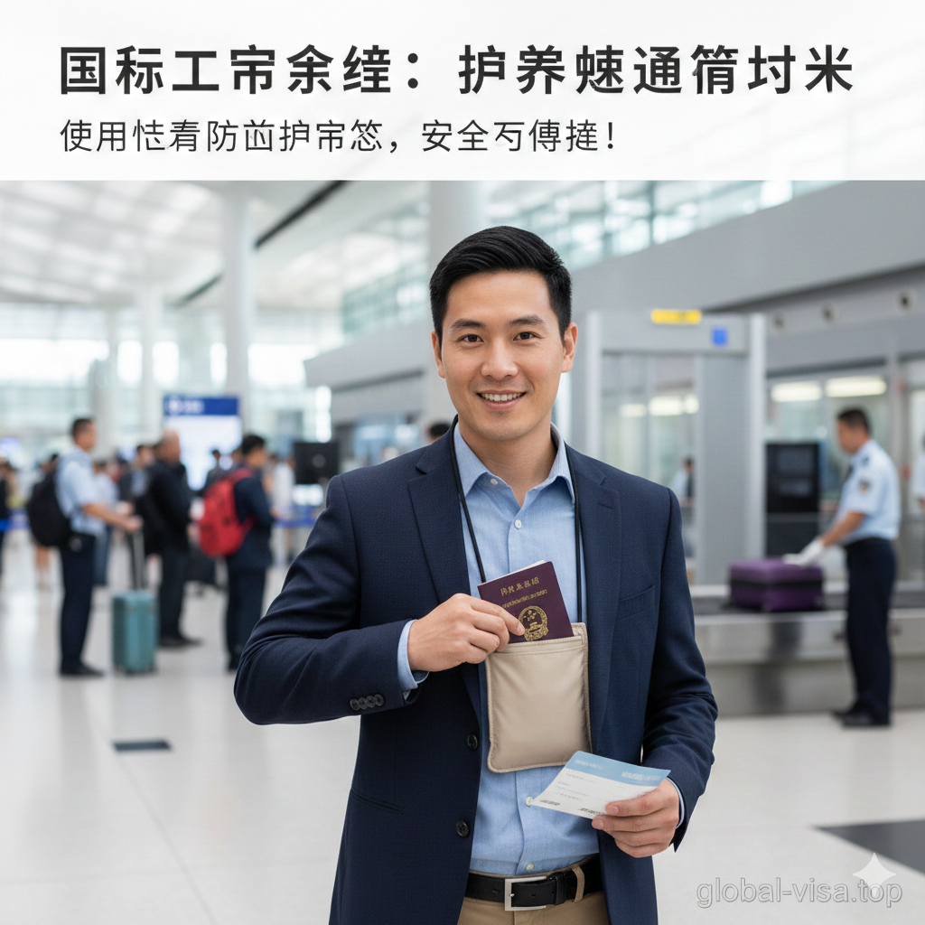 一张写实的场景化生活摄影，描绘一名商务人士在繁忙的国际机场安检口。焦点集中在人物的手部动作，展示他正轻松地从挂在胸前的隐形贴身护照包中取出护照，准备递给边检人员。背景是模糊的安检排队人群和现代化的机场设施，传达出使用专业护照包带来的从容、便捷与通关的高效率。