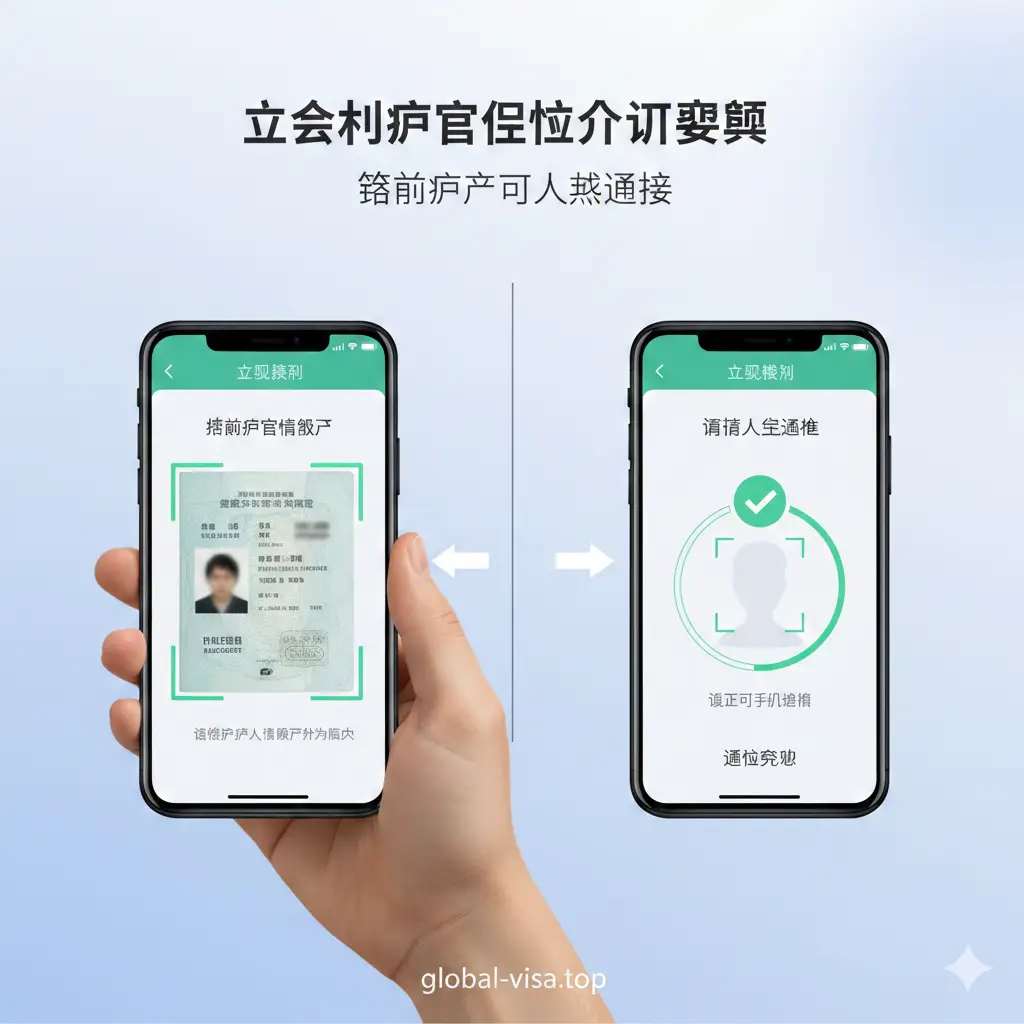 实名认证操作流程的图解风格图片。画面采用分屏设计,左侧展示手机摄像头正在扫描护照个人信息页的动作,有清晰的扫描框UI;右侧展示人脸识别(Face ID)的示意图,屏幕上有一个友好的面部扫描框架和绿色对勾。