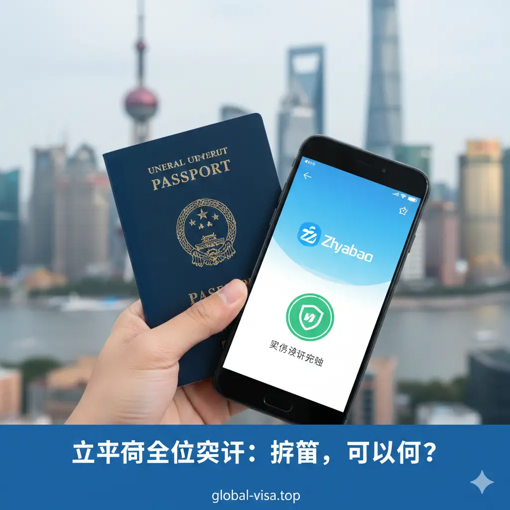 一张现代感强烈的封面图,展示一只手拿着一本通用的国际护照,旁边是一部智能手机,屏幕上显示着支付宝(Alipay)的标志和绿色的实名认证成功盾牌图标。背景是虚化的中国现代城市天际线(如上海陆家嘴或北京CBD),色调以支付宝蓝和温暖的金色为主,传达出国际旅客在中国支付畅通无阻的信任感和便捷感,视觉风格专业且具有科技感。