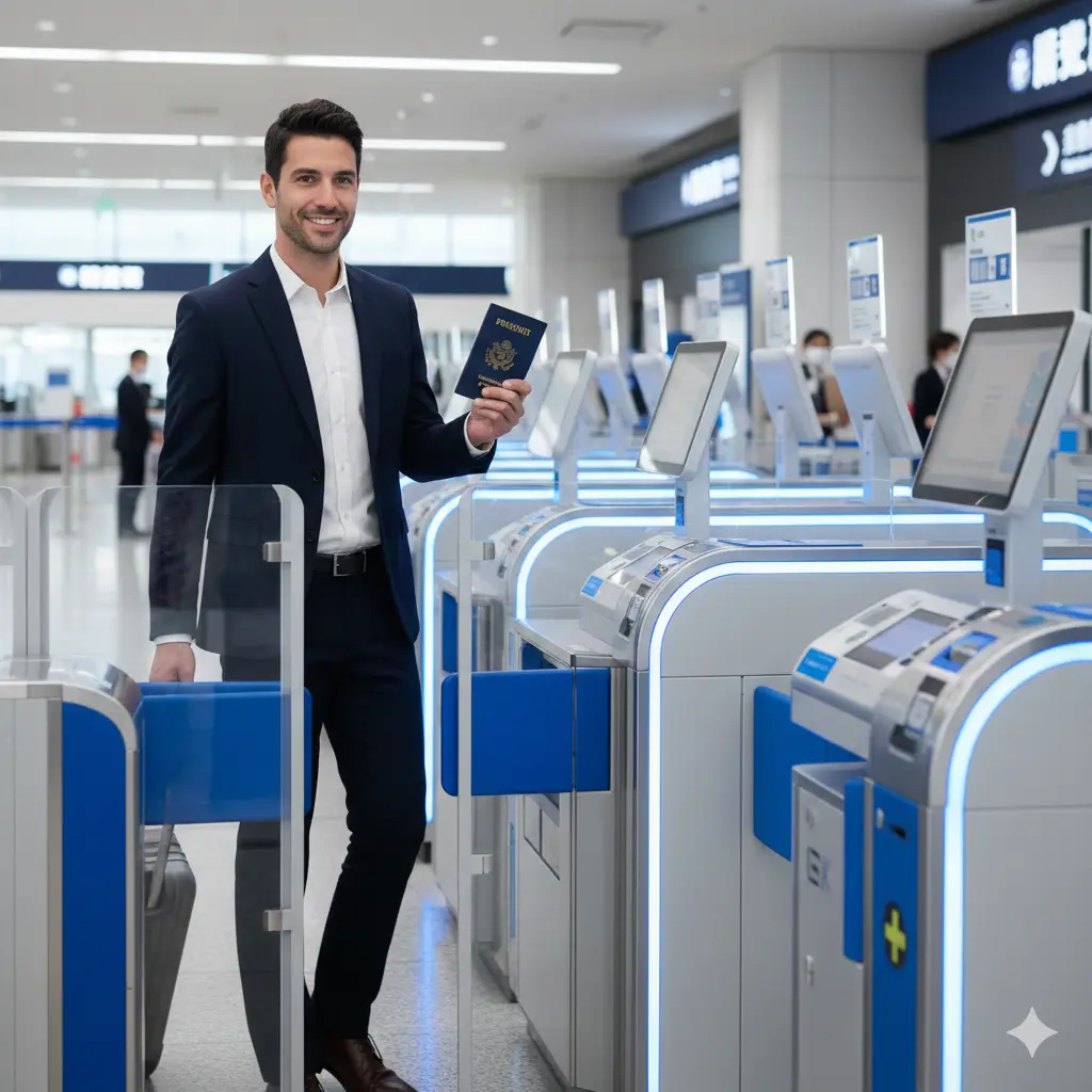 一名充满自信的商务旅行者持有美国护照，轻松走过日本成田机场的电子申报闸门。画面展现了智能化的自助机柜台，强调‘丝滑通关’的优势。色彩明亮、现代且具有科技感，构图采用三分法，焦点位于旅行者和电子闸门的互动上，体现全球签证服务的专业性。