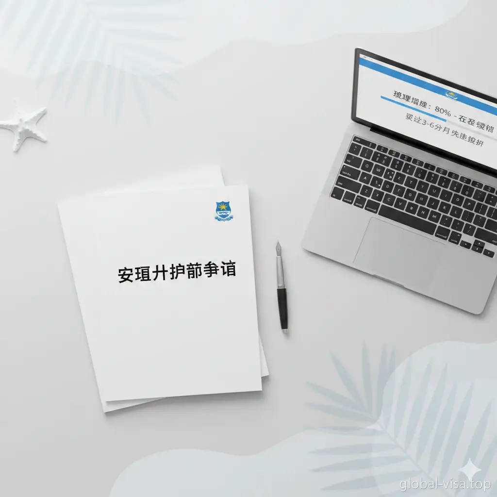 一张展现专业办理流程的教学风格图片。画面呈现一个极简的办公桌面,放置着一支高端钢笔、一份整理整齐的申请文件以及一台显示着进度条的笔记本电脑。构图采用俯视视角(Flat Lay),光线柔和。背景隐约可见加勒比海风格的装饰元素,色调以白色和浅灰色为主,体现‘3-6个月快速获批’的高效与透明,带给用户专业且值得信赖的心理暗示。