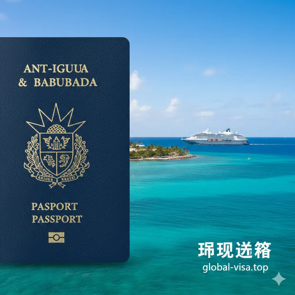 一张极具高级感的商务旅行封面图。左侧近景展示一本深蓝色的安提瓜和巴布达护照,封面上清晰可见金色国徽。背景是圣约翰港口的加勒比海绝美海景,碧海蓝天与远处的奢华游轮交相辉映。整体采用明亮、通透的自然光影,构图采用黄金分割法,右侧留白处呈现简洁的‘Global-Visa’品牌质感,传递出高端身份与全球通行的自由感。