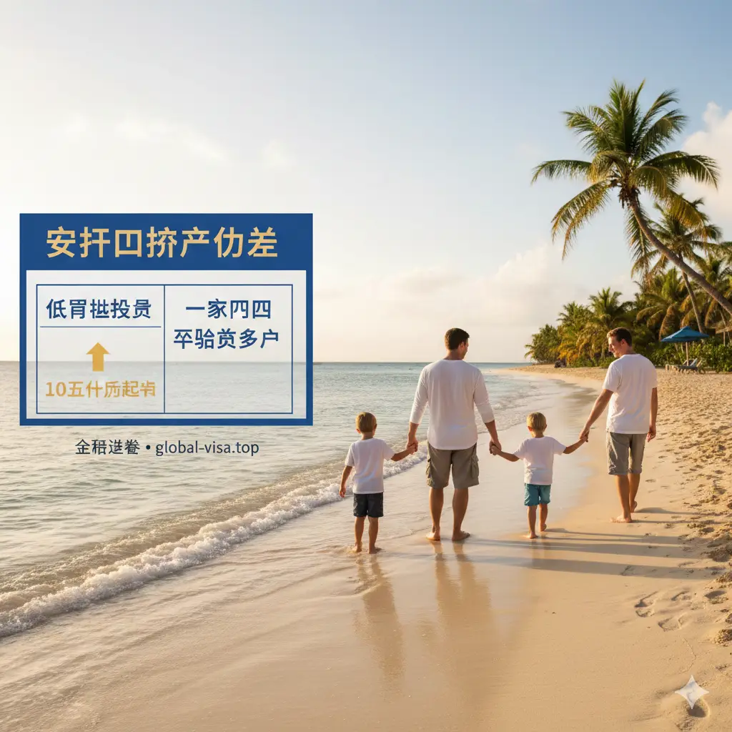 一张体现‘一家四口性价比之王’优势的温馨场景图。画面展示一个幸福的四口之家在安提瓜海滩漫步的背影,阳光洒在沙滩上呈现出柔和的金色。左侧叠加简洁的信息图表,对比显示10万美元起步的极低门槛。整体风格充满人文关怀与生活气息,色调温暖,强调身份规划不仅是资产配置,更是为了家庭未来的长远投资与教育优势。