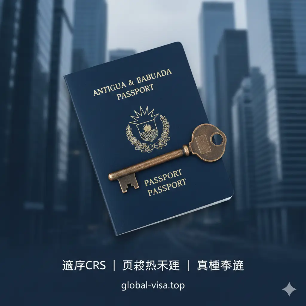 一张用于总结的资产配置与税务规划意境图。画面构图严谨,展示一把古铜色的保险箱钥匙放置在安提瓜护照旁边,背景是虚化的现代金融城摩天大楼。色调采用深邃的藏青色与金属质感的银色。通过这种象征财富安全与隐私保护的视觉语言,总结安提瓜护照在CRS应对、零税负天堂及财富传承中的核心地位,引导用户联系global-visa.top获取方案。