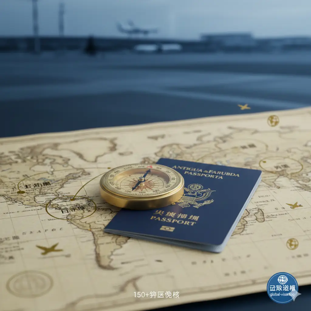 一张展示全球通行功能特性的视觉图片。画面中心是一个精致的指南针和一张展开的复古世界地图,地图上标记着伦敦、新加坡、巴黎等免签目的地。护照放置在地图中央。色彩以冷蓝色调为主,点缀亮眼的金色,采用微距摄影风格,虚化背景中的机场航站楼剪影,强调安提瓜护照‘150+国家免签’带来的便利性与功能价值。