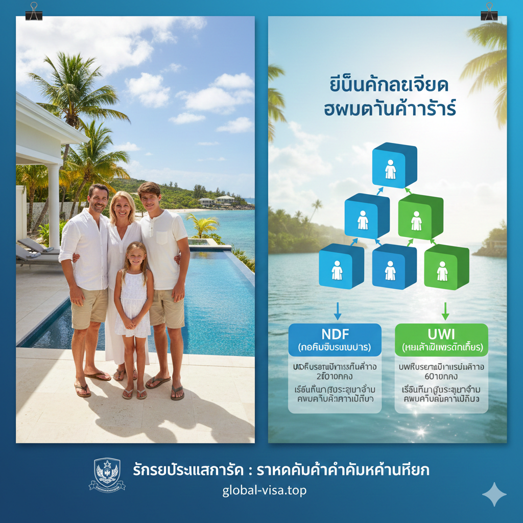 一张对比安提瓜投资优势的视觉海报。画面分为两个部分，左侧展示全家四口人在豪华海景别墅前的合影，洋溢着幸福感，右侧则以简洁的3D图表展示‘一人申请，四代移民’的极高性价比。色彩丰富饱满，运用加勒比海的自然风光作为底色。重点标注出NDF和UWI两种投资模式的差异，风格专业且具有亲和力，强调‘加勒比性价比之王’的竞争优势。