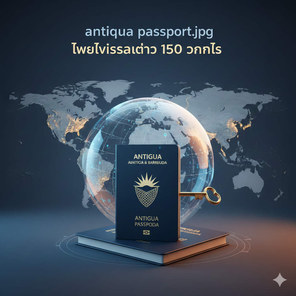 一张展示安提瓜护照全球出行功能的创意插画。背景是一张淡雅的世界地图，地图上点亮了欧洲เชงเก้น (Schengen)、英国和亚洲金融中心。画面前景是一个透明的数字地球仪，一本安提瓜护照如同开启世界的钥匙置于前方。风格采用现代科技感结合写实风格，色调以科技蓝和暖橙色对比，象征着突破地理限制的自由，视觉上突出‘150+国家免签’的核心功能。