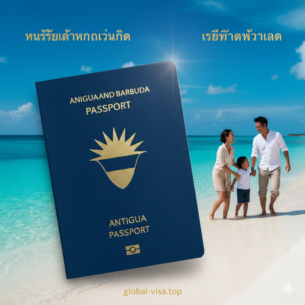 一张极具商务与奢华感的封面图。画面中心是一本深蓝色的安提瓜和巴布达护照，封面上金色的国徽在柔和光线下闪烁。背景融合了加勒比海清澈的蒂芙尼蓝海水和洁白的沙滩，右侧巧妙融入一位身着商务休闲装的亚裔父亲带着家人在海边欢笑的剪影。色彩以深蓝、金色和亮青色为主，构图大气，留白处适合放置泰语标题，展现出‘全球自由通行’的高端意境。