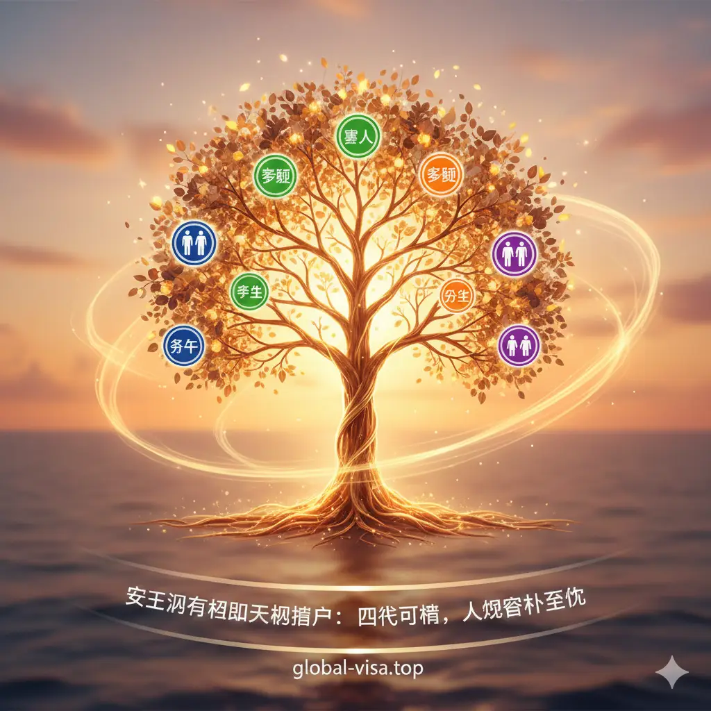 体现安提瓜护照“大家庭”政策的特色功能图。画面中央是一棵抽象的、象征家族的生命树或族谱图，树枝上分布着代表主申请人、配偶、子女、父母/祖父母四代人的小图标（可以用不同的颜色或符号区分）。背景是温暖的加勒比阳光色调。强调“四代同行”和“家庭团聚”的理念。构图应清晰地展示家庭成员的多样性，凸显其作为“人均成本最低”方案的优势。