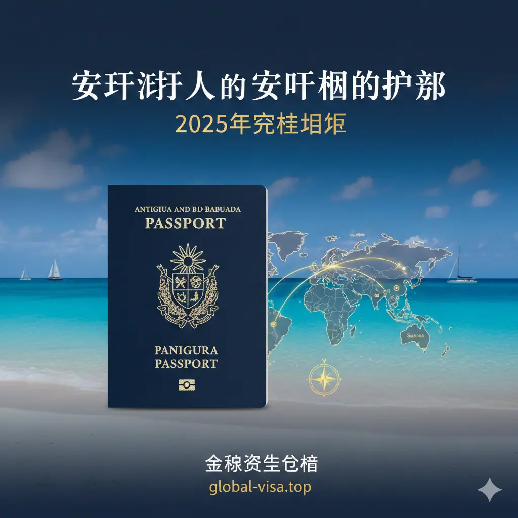 一张富有吸引力的封面图，背景是安提瓜和巴布达标志性的蓝色海水和白色沙滩，前景放置一本设计简洁、颜色深沉的安提瓜和巴布达护照，护照上带有国徽。旁边是一张微缩的世界地图，用亮金色线条标出主要的免签国家（如申根区、英国、亚洲主要城市），象征全球通行。整体风格高端、专业，标题使用醒目的白色或金色字体，强调“2025年完全指南”和“全球资产配置”。