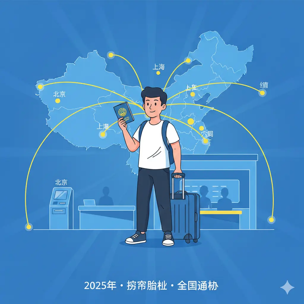 一张体现‘全国通办’优势的插画风格图片。画面以中国地图为背景，标注出北京、上海、广州等主要城市的坐标，并用流动的线条连接。中心位置展示一名年轻人拿着护照和行李箱，脸上带着自信的笑容，背景是现代化的政务服务大厅。构图大气且富有动感，寓意2025年打破地域限制，实现异地通办的便捷性。主色调使用代表科技与效率的蓝色和明黄色。