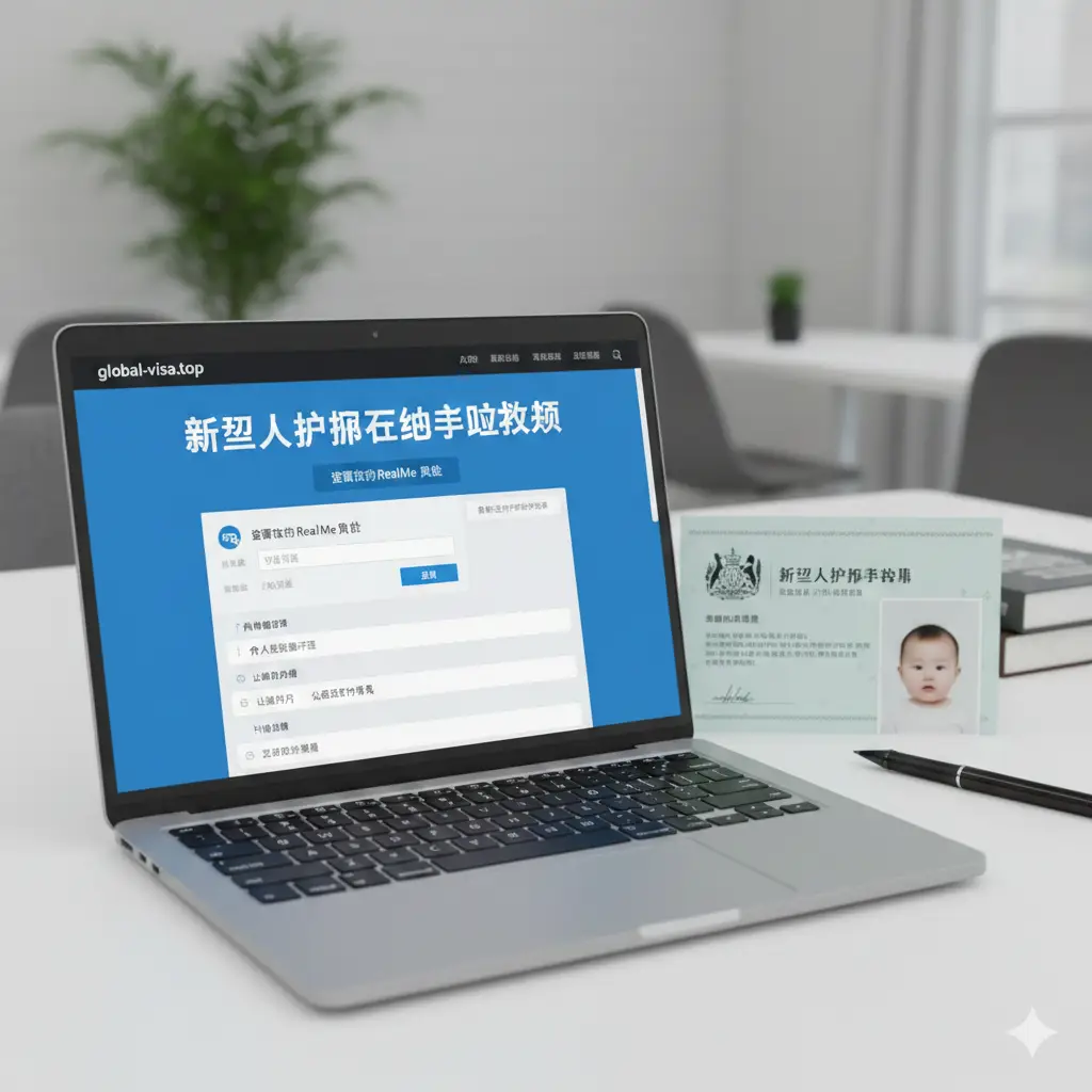 一张展示在线申请流程的现代办公场景图。画面中心是一个清晰的笔记本电脑屏幕，显示着新西兰政府RealMe登录界面和护照申请表格。电脑旁整齐摆放着新西兰公民证书、一张白底的婴儿护照照片以及一支笔。整体光线明亮自然，风格干净利落，旨在传达申请过程的便捷与规范化。