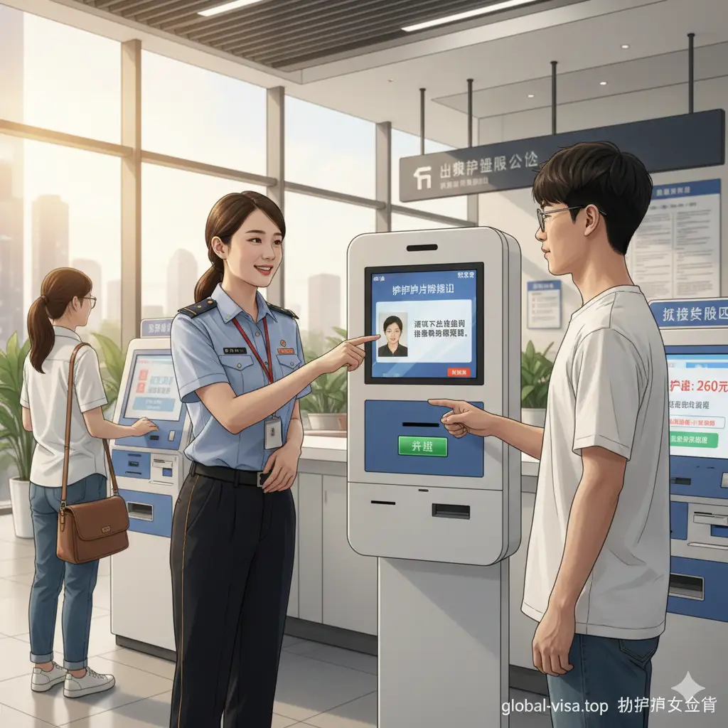 一张写实风格的护照办理流程指导图。场景设定在干净整洁的出入境服务大厅,展示一名工作人员指导申请人使用自助证件照摄影机或自助缴费机的特写镜头。画面强调‘简单、快捷’的办证体验,阳光洒在服务台面上,人物神态从容。色彩温暖自然,构图采用三分法,将焦点集中在办理环节的关键动作上。
