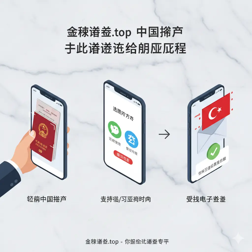 一张清晰的步骤指引图，采用轴测图或俯视视角。画面从左到右展示三个步骤：首先是手机扫描中国护照首页，其次是显示支持微信或支付宝的支付界面图标，最后是一个带有土耳其国旗图案的电子邮件信封飞出的动态效果。背景是干净的浅灰色大理石纹理，辅以简洁的箭头指引，视觉焦点集中在操作的简便性上，体现Global-visa.top中文代办服务的流畅体验。