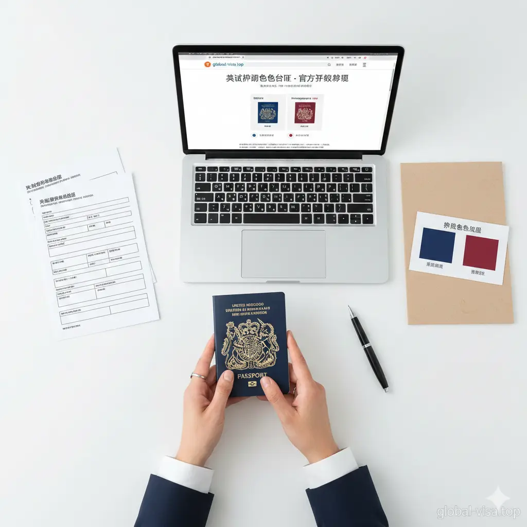 扁平化俯视构图（Flat lay），展示在整洁明亮的白色办公桌上进行护照申请的场景。一双修剪整齐的手正拿着一本深蓝色英国护照，旁边是一台显示着英国护照署官方页面的笔记本电脑。桌面上整齐摆放着签字笔、打印的申请表格和色彩参考卡。图片风格现代、商务且井井有条，色彩以白色、蓝色和浅木色为主，寓意着通过专业指导可以轻松完成关于护照颜色的确认或更换流程。