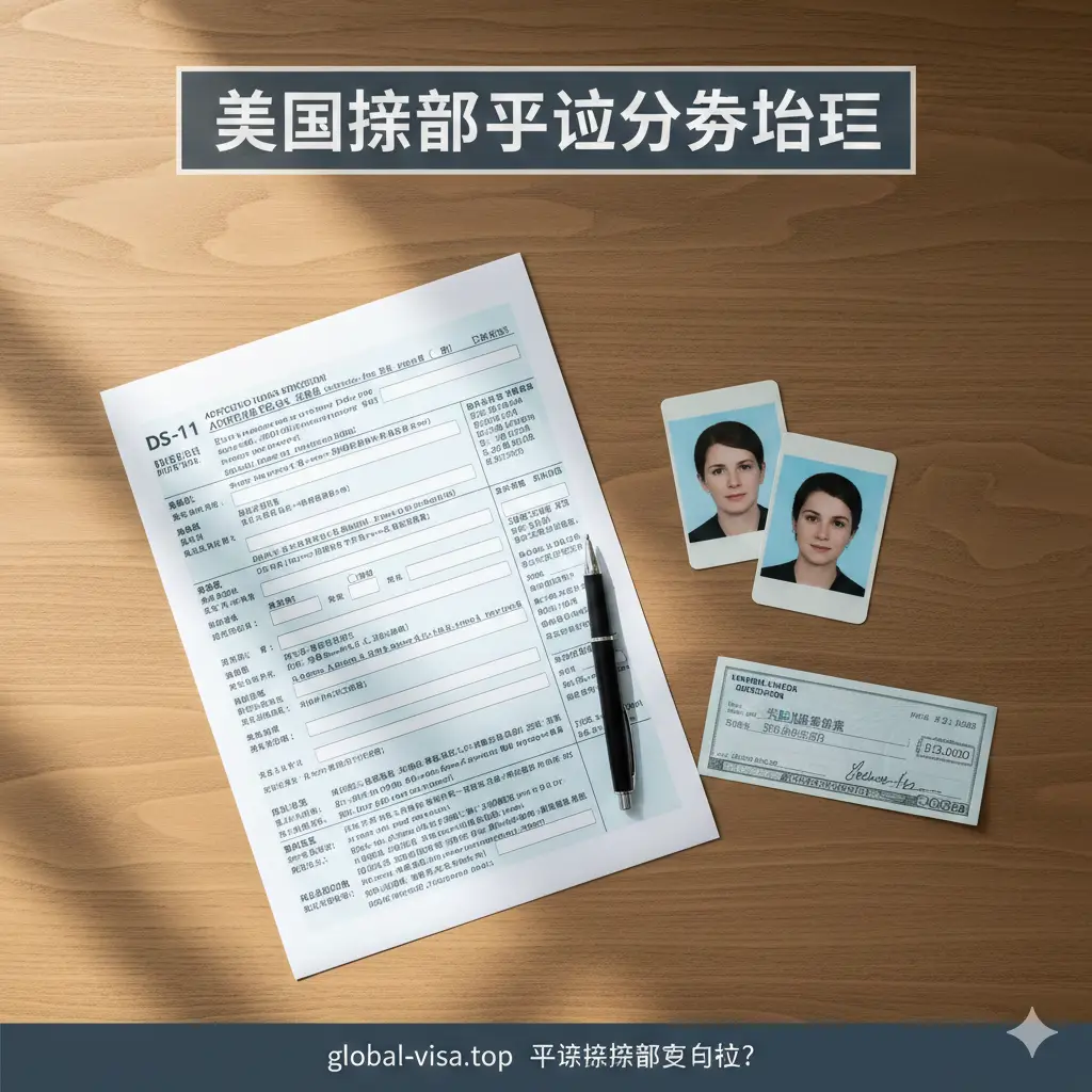 一张富有生活气息的教程图片，展示申请流程。特写镜头拍摄一张木质桌面，上面整齐摆放着填好一半的DS-11申请表、两张符合标准且无眼镜的白底护照照片、一支黑色签字笔以及一张用于支付费用的支票。侧光从窗口射入，营造出准备出发的真实感。构图采用俯拍角度，色彩自然清晰，体现出申请材料准备的细致与严谨。