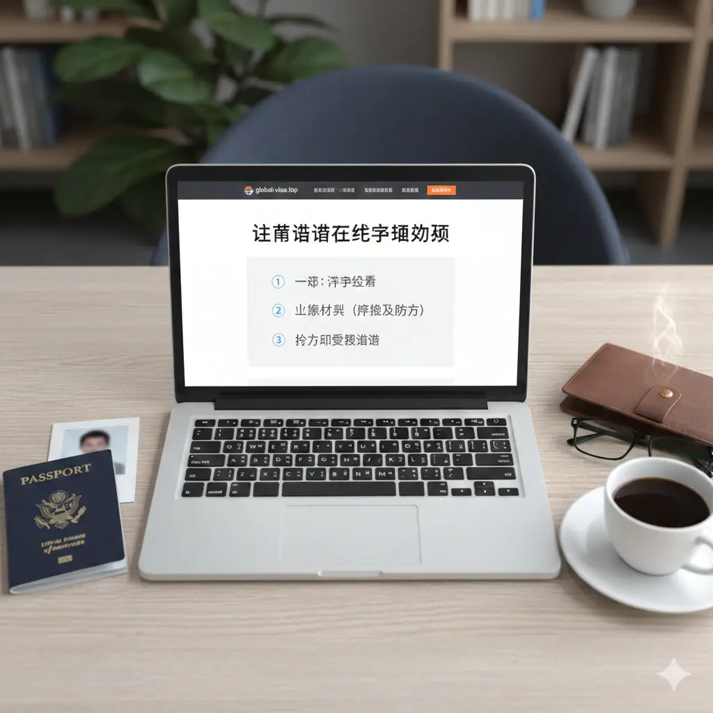 一张展示在线申请流程的写实风格图片。画面主体是一台打开的笔记本电脑,屏幕上显示着整洁的global-visa.top申请界面,左侧放着一本美国护照和一张白底证件照。背景是温馨舒适的咖啡馆桌面。构图采用俯拍视角,强调‘3步获取签证’的简便性,色调温暖、专业且具有指导意义,让用户感到申请过程触手可及。