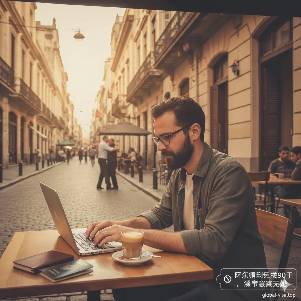 描绘免签90天停留优势的生活方式图片。场景设定在布宜诺斯艾利斯充满情调的圣特尔莫(San Telmo)街区露天咖啡馆。一位数字游民正在使用笔记本电脑工作,桌上放着一杯阿根廷特色的Cortado咖啡,背景是充满历史感的欧式建筑和洒满阳光的街道。色调温暖复古,体现'数字游民'和深度游的惬意氛围,吸引想要长期停留的读者。