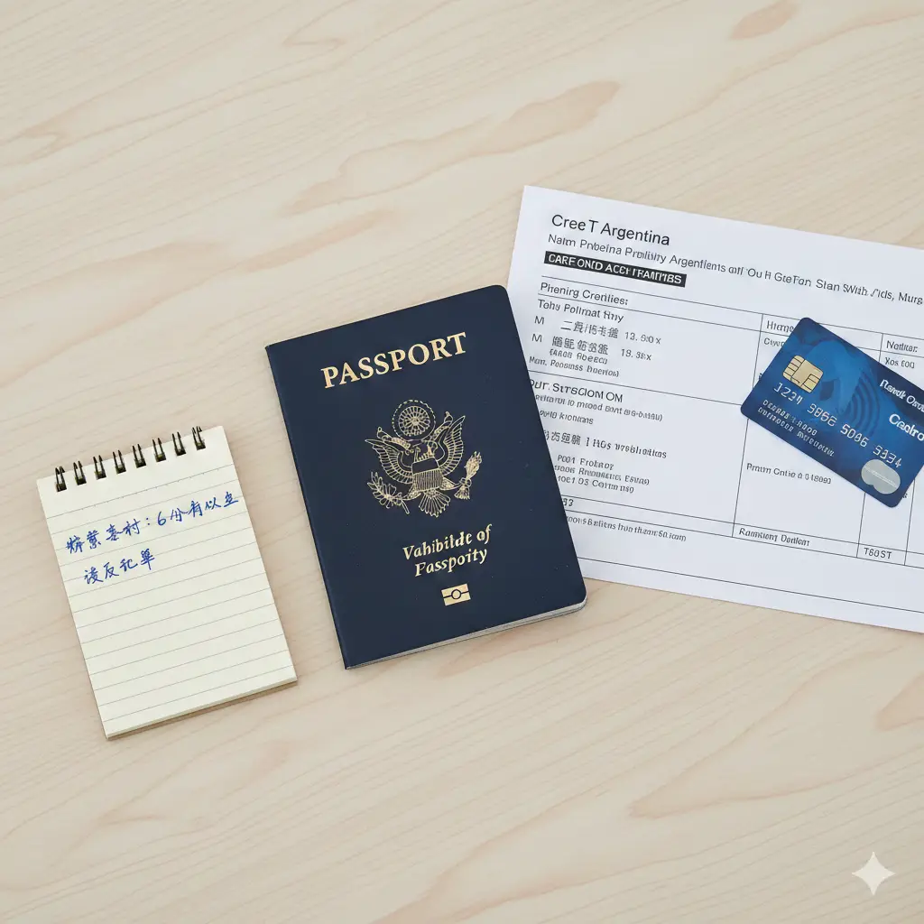 采用干净整洁的平铺(Flat lay)摄影风格,展示入境阿根廷的必备材料清单。在浅色木纹桌面上,摆放着一本打开的美国护照(重点展示有效期页面),旁边是一张清晰的往返机票行程单和一张国际信用卡。画面一角有一个精致的记事本,上面用手写体列出'6 Months Validity'(6个月有效期)和'Return Ticket'(回程机票)字样,光线明亮自然,强调出行前的准备工作。