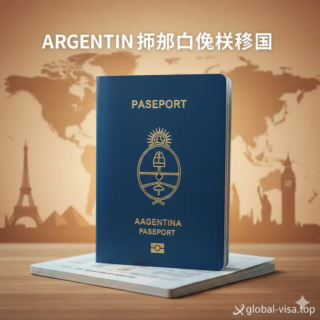 一张高质量的封面图片，中心位置展示一本精致的蓝色阿根廷护照，护照封面上金色的国徽清晰可见。背景是模糊的全球地图和著名的世界地标如埃菲尔铁塔、伦敦大本钟。色调采用温暖的旅行感色彩，光影柔和。构图采用中心对称，上方留白方便添加‘阿根廷护照免签国家’文字，展现全球旅行的自由感。