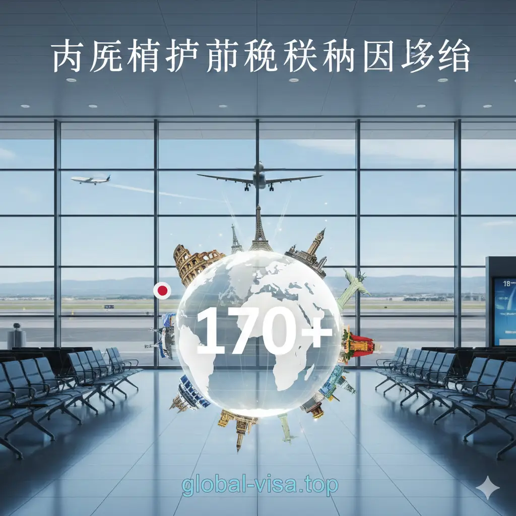 一张总结性的视觉信息图背景。背景是一个整洁的机场候机大厅，透过巨大的落地窗可以看到一架正在起飞的飞机。画面前景是一个带有‘170+’数字字样的发光地球仪，周围点缀着欧洲申根区、亚洲、美洲的微缩地标。构图宏大，色彩通透，寓意阿根廷护照是通往世界的万能钥匙，给人以完美的旅行总结感。