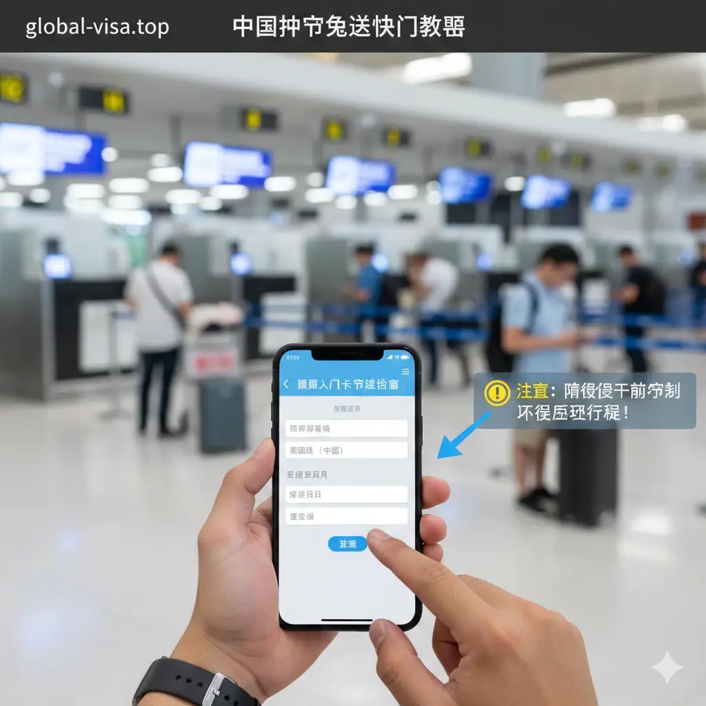 一张实用的教程类图片，特写展示一名旅行者手持智能手机，屏幕上清晰显示着'SG Arrival Card'（新加坡电子入境卡）或'MDAC'的填写界面。背景是模糊的机场边检柜台和排队的人群，暗示入境场景。画面中叠加半透明的指引箭头和黄色的'注意'警示图标，强调提前填写电子入境卡的重要性。