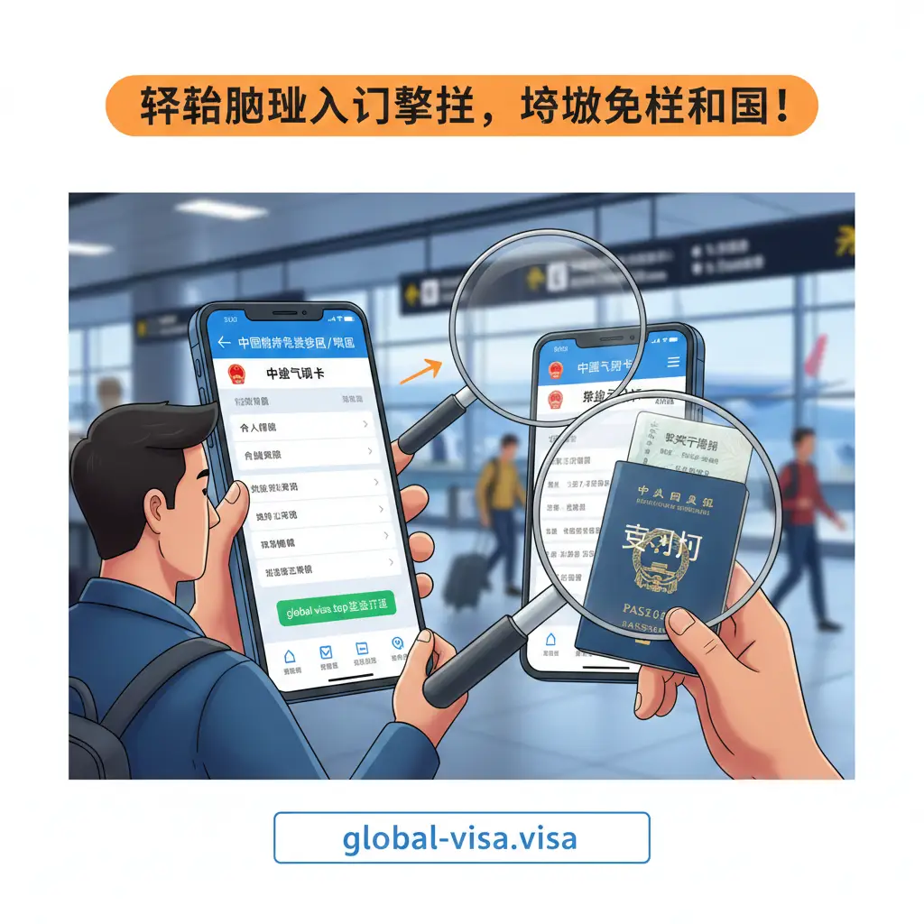 一张手绘或3D风格的教程指引图，展示一名旅行者正在使用智能手机填写电子入境卡（如SG Arrival Card）。屏幕细节清晰，背景是模糊的机场登机口，营造出临场感。画面中加入放大镜元素，聚焦在护照有效期和机票行程单等关键检查点，色彩明亮鲜艳，引导用户了解如何在global-visa.top协助下完成入境准备。