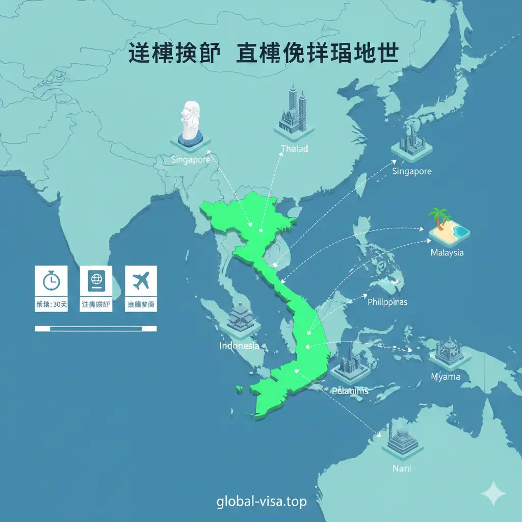 一张精美的东南亚地图插图，专门展示越南护照免签的核心区域。地图采用现代简约的3D等轴测风格，以蓝绿色调为主。越南版图被亮色高亮显示，并有虚线箭头指向新加坡、泰国、马来西亚等东盟国家。每个免签国家上方悬浮着代表性的微缩景观地标（如曼谷大皇宫、双子塔）。画面左侧设计有简洁的图标，展示停留天数信息。整体风格专业、数据化且极具吸引力。