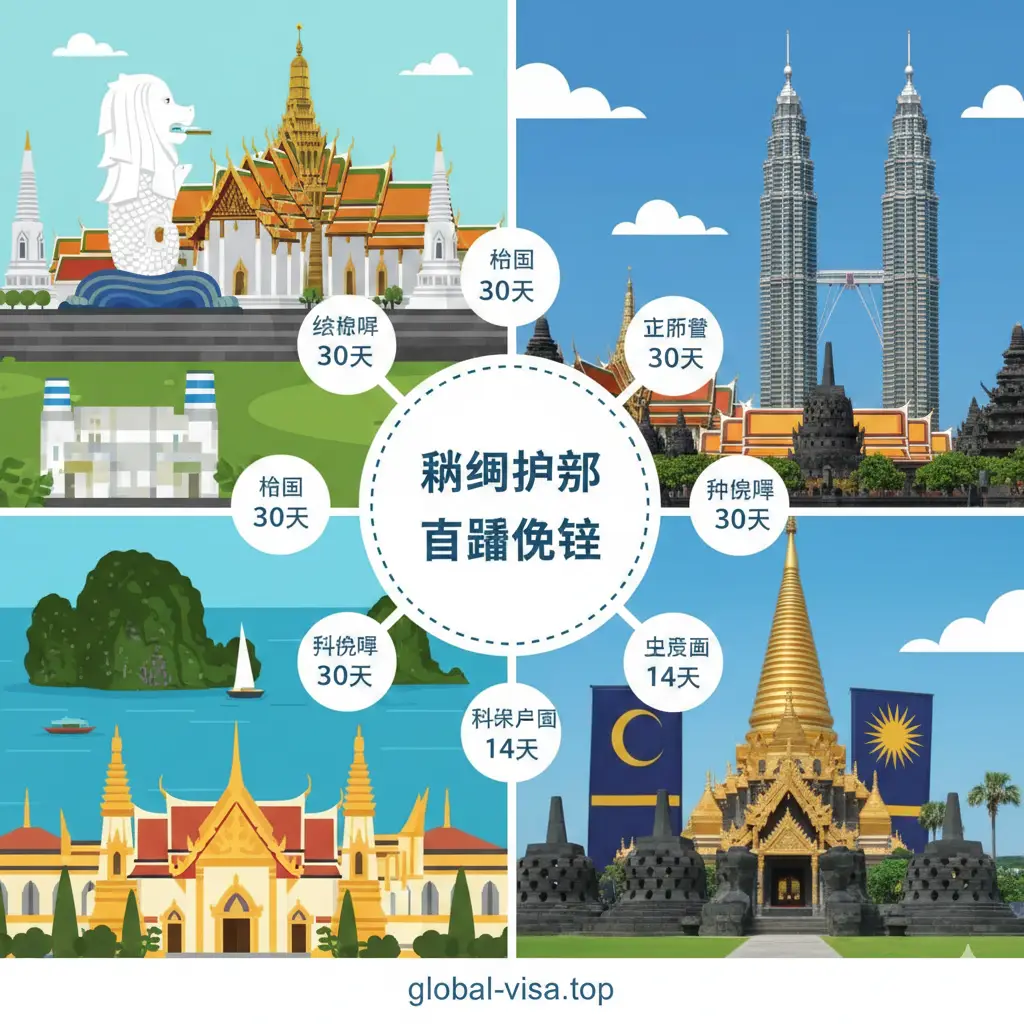 展示东盟热门国家（新加坡、泰国、越南等）标志性地标的拼贴图，如新加坡鱼尾狮、曼谷大皇宫等。画面中穿插着简洁的免签天数图标（如14、30 Days）。风格清新明亮，采用扁平化设计与实景结合的方式，强调东南亚地区的便利往来，视觉重点突出缅甸护照在东盟内部的通行能力。