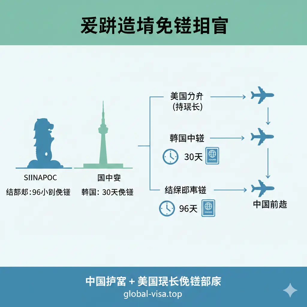 一张现代简约风格的信息图(Infographic),专注于亚洲过境免签政策。画面左侧展示新加坡(鱼尾狮)和韩国(首尔塔)的标志性建筑剪影,右侧通过简洁的箭头流程图演示'美国-韩国-中国'的飞行路线。关键元素包括机票图标、钟表图标(代表96小时或30天停留期)以及护照盖章的视觉元素,帮助用户直观理解复杂的过境规则。
